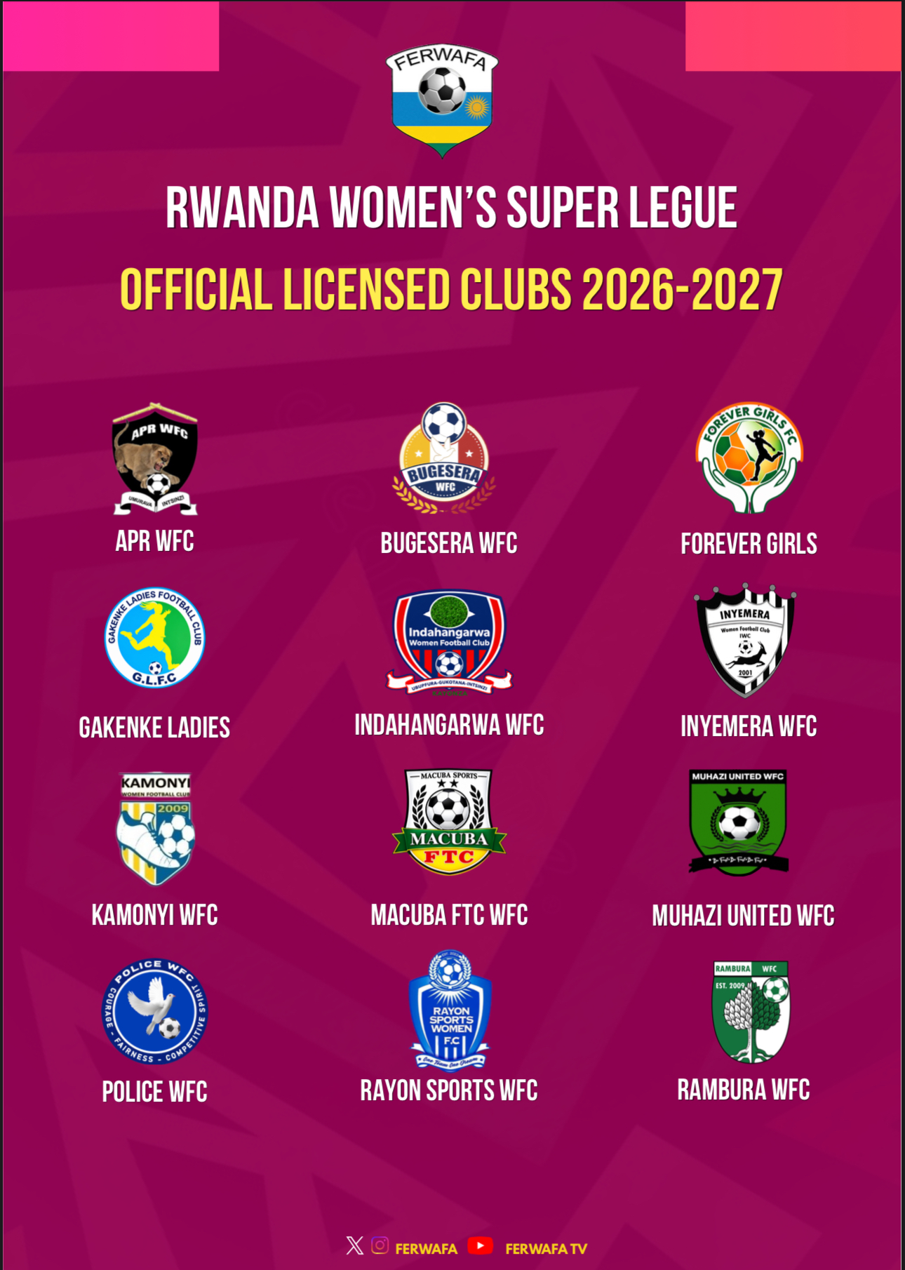 RWSL: FERWAFA Confirms Licensed Clubs for 2026/2027 season