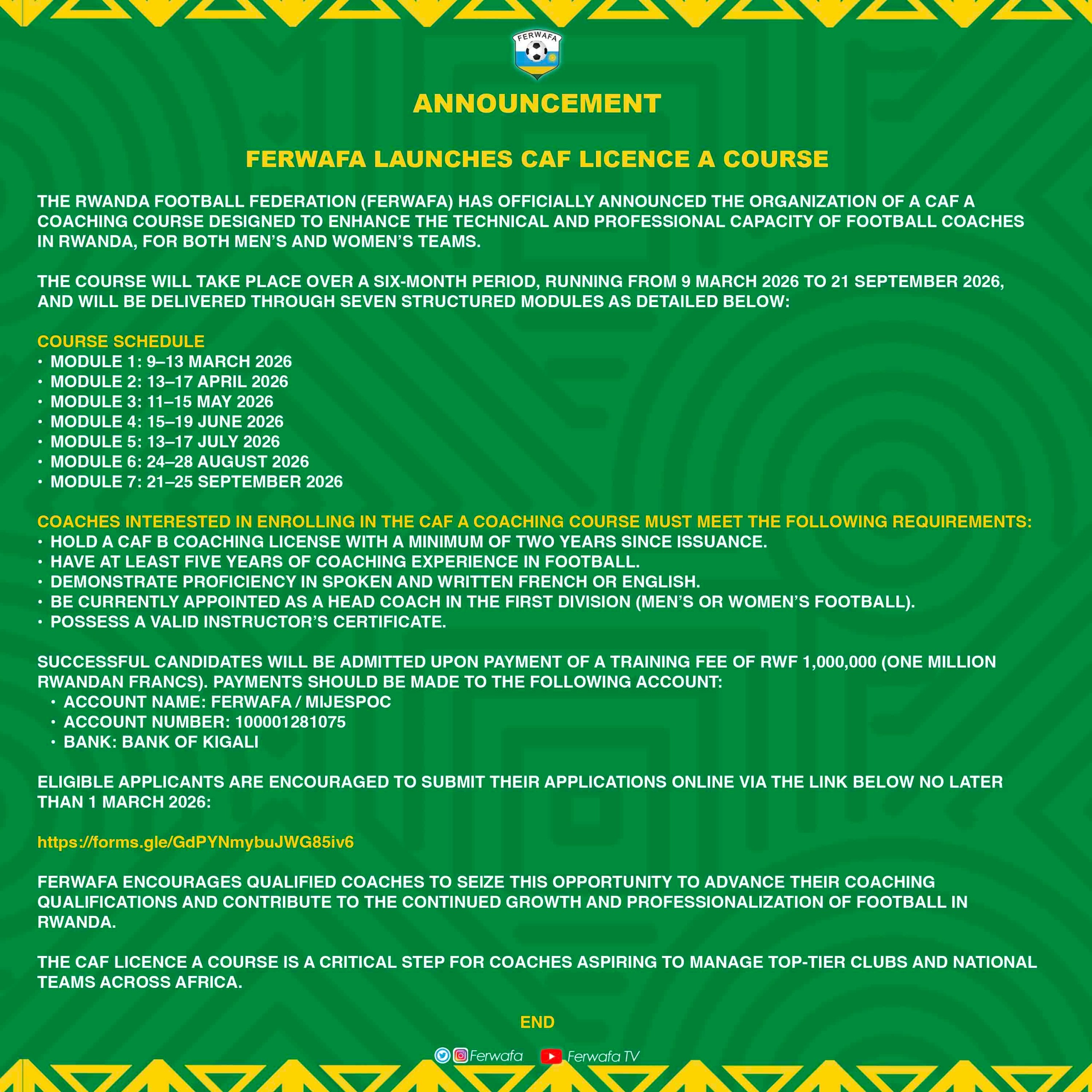 FERWAFA Launches CAF Licence A Course